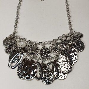 Polished  Silver tone Layered Textured, Hammered Discs Hoops Charms Necklace